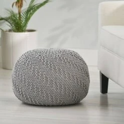 Hershel Modern Knitted Cotton Round Pouf - Christopher Knight Home Light Gray