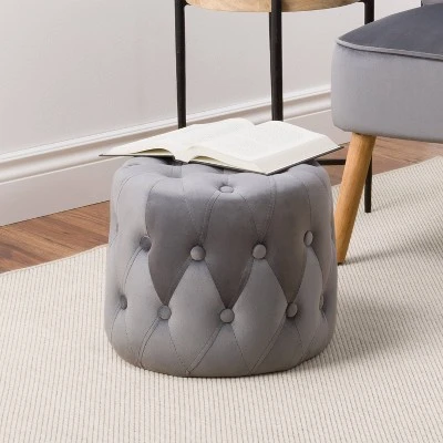 Lynwood Velvet Round Tufted Pouf Gray - CorLiving 4 Lynwood Velvet Round Tufted Pouf Gray - CorLiving - Image 2