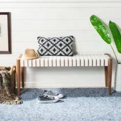 Amalia Leather Weave Bench - Safavieh White/natural