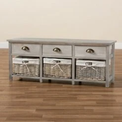 Mabyn Wood 3 Drawer Storage Bench with Baskets Light Gray - Baxton Studio -Ottomans Official Shop unnamed file 7040