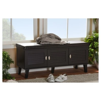 Sheffield Modern and Contemporary 3 - Door Wood Entryway Storage Cushioned Bench Shoe Rack Cabinet Organizer - Dark Brown - Baxton Studio 6 Sheffield Modern and Contemporary 3 - Door Wood Entryway Storage Cushioned Bench Shoe Rack Cabinet Organizer - Dark Brown - Baxton Studio - Image 4