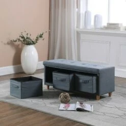 Tufted Bench with Basket Drawers - Ore International Gray -Ottomans Official Shop unnamed file 7223