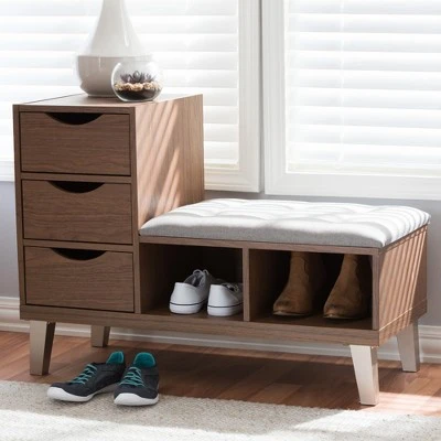 Arielle Modern and Contemporary Walnut Wood 3 Drawer Shoe Storage Light Gray, Brown - Baxton Studio 8 Arielle Modern and Contemporary Walnut Wood 3 Drawer Shoe Storage Light Gray, Brown - Baxton Studio - Image 6