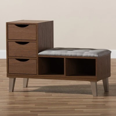 Arielle Modern and Contemporary Walnut Wood 3 Drawer Shoe Storage Light Gray, Brown - Baxton Studio 9 Arielle Modern and Contemporary Walnut Wood 3 Drawer Shoe Storage Light Gray, Brown - Baxton Studio - Image 7