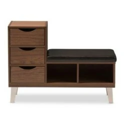 Arielle Modern and Contemporary Wood 3 - Drawer Shoe Storage Padded Leatherette Seating Bench with Two Open Shelves - "Walnut" Brown - Baxton Studio