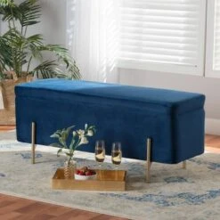 Rockwell Velvet Metal Storage Bench - Baxton Studio Blue/gold -Ottomans Official Shop unnamed file 7578