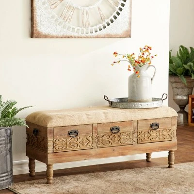 Olivia & May Carved Wood and Upholstered Storage Bench with Drawers Brown - Olivia & May 4 Olivia & May Carved Wood and Upholstered Storage Bench with Drawers Brown - Olivia & May - Image 2