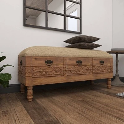 Olivia & May Carved Wood and Upholstered Storage Bench with Drawers Brown - Olivia & May 7 Olivia & May Carved Wood and Upholstered Storage Bench with Drawers Brown - Olivia & May - Image 5