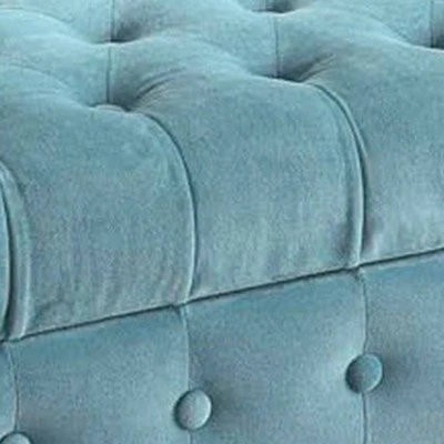 Velvet Upholstered Button Tufted Wooden Bench Settee with Hinged Storage Blue/Brown - Benzara 5 Velvet Upholstered Button Tufted Wooden Bench Settee with Hinged Storage Blue/Brown - Benzara - Image 3