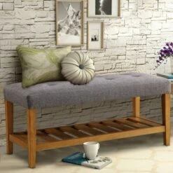 Wooden Open Storage Bench Gray/Oak Brown - Benzara -Ottomans Official Shop unnamed file 7888
