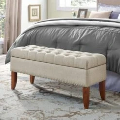 Hinged Top Button Tufted Storage Bed Bench Beige - HomeFare