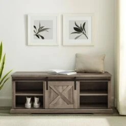 48" Modern Farmhouse Sliding Door Wood Bench - Saracina Home White/rustic Oak -Ottomans Official Shop unnamed file 841