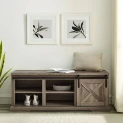 48" Modern Farmhouse Sliding Door Wood Bench - Saracina Home White/rustic Oak -Ottomans Official Shop unnamed file 844