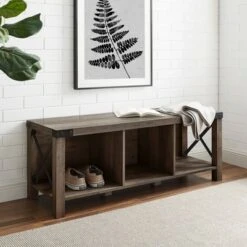 Sophie Rustic Farmhouse X Frame Entry Bench with 3 Cubbies - Saracina Home Rustic Oak