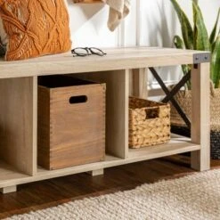 Sophie Rustic Farmhouse X Frame Entry Bench with 3 Cubbies - Saracina Home Rustic Oak -Ottomans Official Shop unnamed file 855