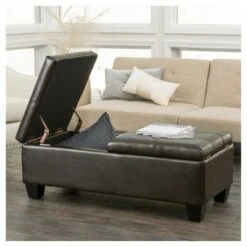 Merrill Double Opening Leather Storage Ottoman - Chocolate Brown - Christopher Knight Home