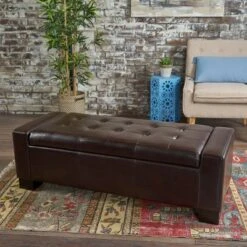Guernsey Leather Storage Ottoman Bench Brown - Christopher Knight Home
