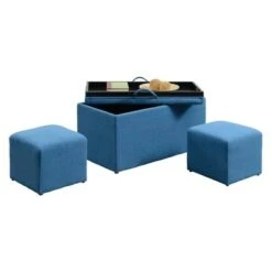 Designs4Comfort Sheridan Storage Bench with 2 Side Ottomans Soft Blue Fabric - Breighton Home