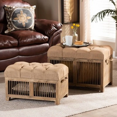2pc Clement Fabric Upholstered Wood Spindle Storage Ottoman Trunk Set Beige/Brown - Baxton Studio 13 2pc Clement Fabric Upholstered Wood Spindle Storage Ottoman Trunk Set Beige/Brown - Baxton Studio - Image 11