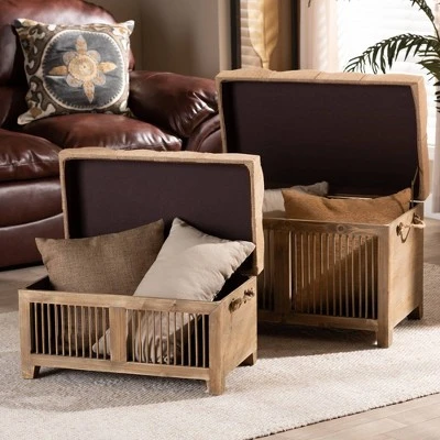 2pc Clement Fabric Upholstered Wood Spindle Storage Ottoman Trunk Set Beige/Brown - Baxton Studio 14 2pc Clement Fabric Upholstered Wood Spindle Storage Ottoman Trunk Set Beige/Brown - Baxton Studio - Image 12