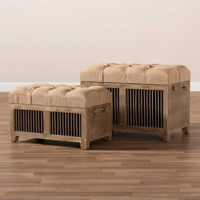 2pc Clement Fabric Upholstered Wood Spindle Storage Ottoman Trunk Set Beige/Brown - Baxton Studio 15 2pc Clement Fabric Upholstered Wood Spindle Storage Ottoman Trunk Set Beige/Brown - Baxton Studio - Image 13