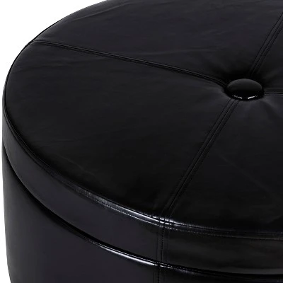 Winston Large Round Button Top Storage Ottoman Faux Leather Black - HomePop 4 Winston Large Round Button Top Storage Ottoman Faux Leather Black - HomePop - Image 2