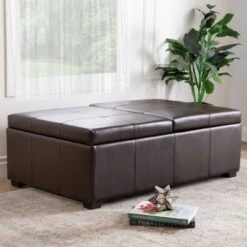 Joshua Bonded Leather Double Flip-Storage Ottoman Brown - Abbyson Living
