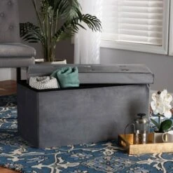 Castel Velvet Fabric Upholstered Wood Storage Ottoman - Baxton Studio Navy Blue -Ottomans Official Shop unnamed file 9639