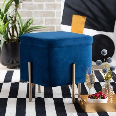 Aleron Velvet Metal Storage Ottoman - Baxton Studio Blue/gold 8 Aleron Velvet Metal Storage Ottoman - Baxton Studio Blue/gold - Image 6