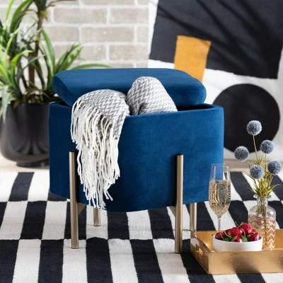 Aleron Velvet Metal Storage Ottoman - Baxton Studio Blue/gold 9 Aleron Velvet Metal Storage Ottoman - Baxton Studio Blue/gold - Image 7