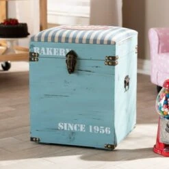 Caye Striped Finished Wood Storage Trunk Ottoman Light Blue - Baxton Studio