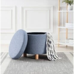 Round Storage Ottoman with Lift Off Lid - WOVENBYRD Dark Brown Faux Leather -Ottomans Official Shop unnamed file 9906